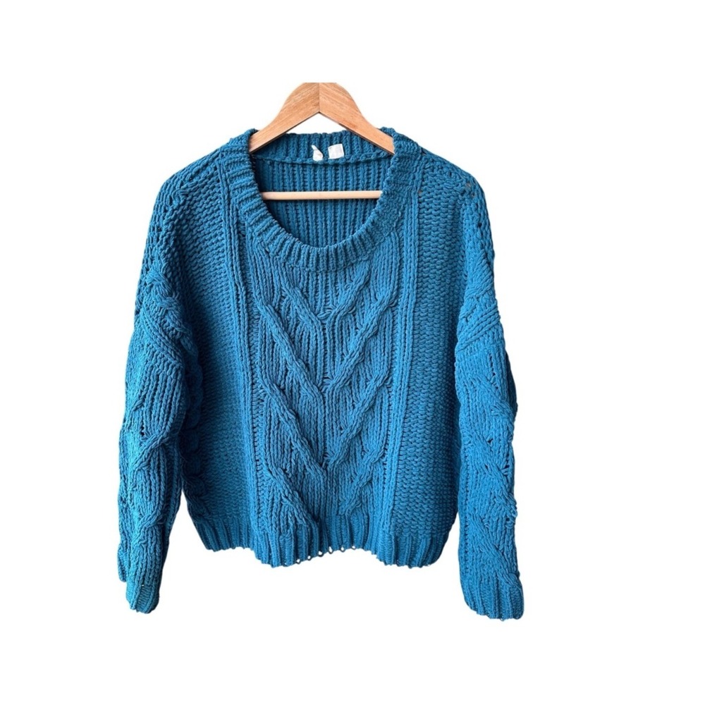 Moth Anthropologie Sweater Top Teal Cable Knit Chunky Chenille Medium Petite